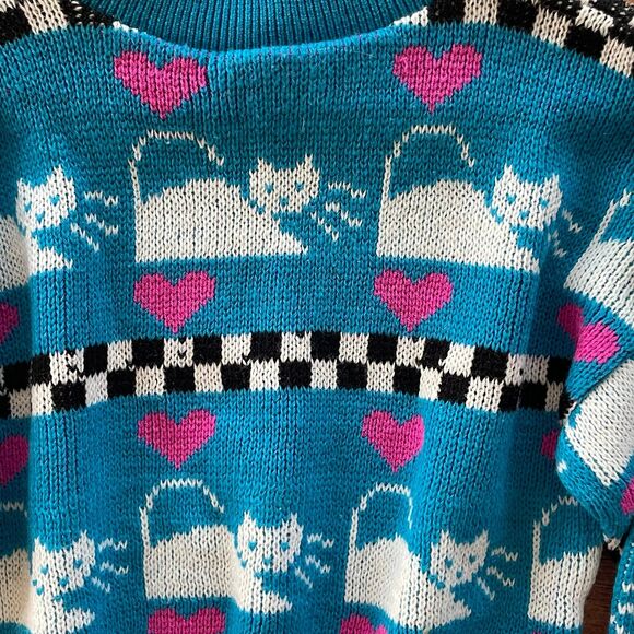 Vintage girls acrylic cat sweater size 4 blue pink white - Picture 5 of 5